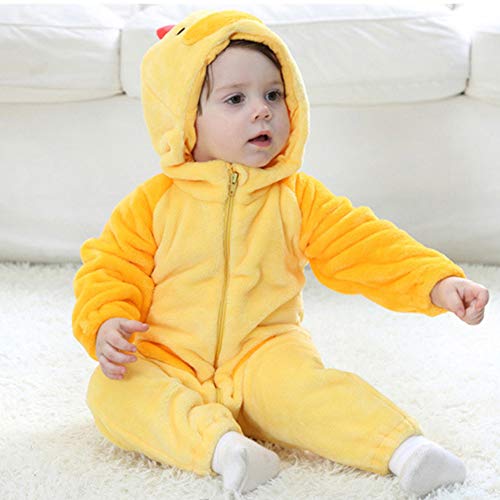 LSERVER Mameluco de Cosplay para Bebés Recién Nacidos Ropa de Arrastre Disfraz Unisexo de Franela con Capucha Estilo Animales, Pollito, 80 (Altura Recomendada:66-73cm)