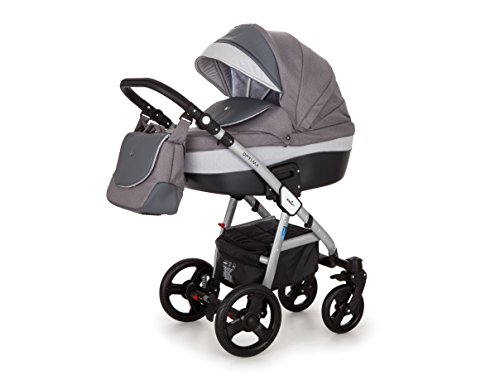 Lux4kids Cochecito 3 in 1 Trio Silla de paseo + capazo + silla para coche + ruedas giratorias de goma dura + colchón VIP Hecho en Europa Ebur gris 01