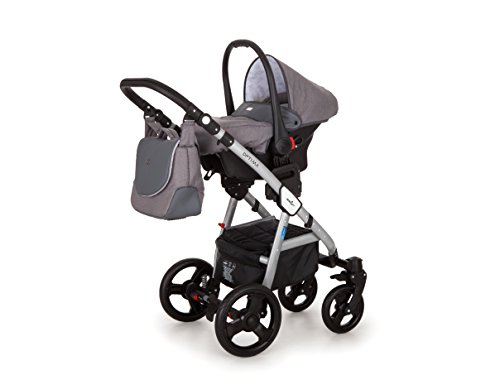 Lux4kids Cochecito 3 in 1 Trio Silla de paseo + capazo + silla para coche + ruedas giratorias de goma dura + colchón VIP Hecho en Europa Ebur gris 01