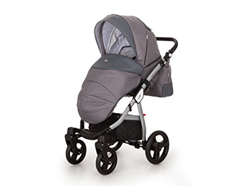 Lux4kids Cochecito 3 in 1 Trio Silla de paseo + capazo + silla para coche + ruedas giratorias de goma dura + colchón VIP Hecho en Europa Ebur gris 01