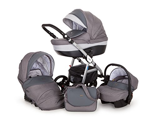 Lux4kids Cochecito 3 in 1 Trio Silla de paseo + capazo + silla para coche + ruedas giratorias de goma dura + colchón VIP Hecho en Europa Ebur gris 01