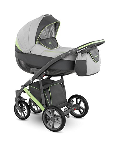 Lux4kids Trío Cochecito 3 in 1 Silla de paseo + capazo + silla para coche + rutas giratorias neumática + colchón VIP Hecho en Europa Accesorios opcionales Piro gris-antracita-verde PR-6 con sombrilla