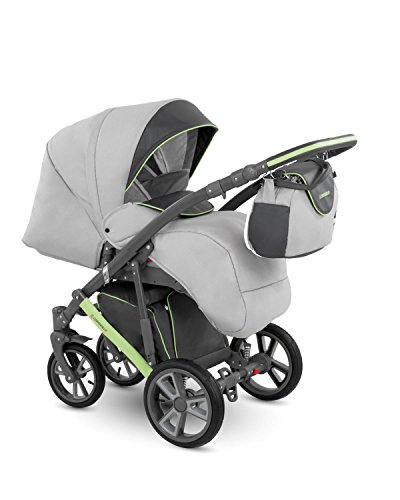 Lux4kids Trío Cochecito 3 in 1 Silla de paseo + capazo + silla para coche + rutas giratorias neumática + colchón VIP Hecho en Europa Accesorios opcionales Piro gris-antracita-verde PR-6 con sombrilla