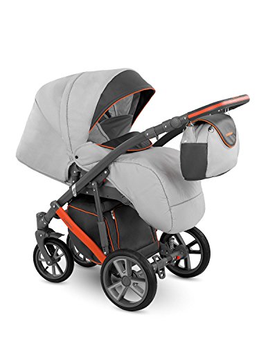 Lux4kids Trío Cochecito 3 in 1 Silla de paseo + capazo + silla para coche + rutas giratorias neumática + colchón VIP Hecho en Europa Accesorios opcionales Piro gris-antracita-naranja PR-7 con ISOFIX