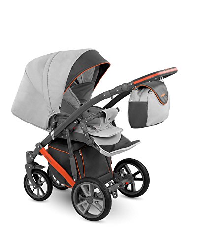 Lux4kids Trío Cochecito 3 in 1 Silla de paseo + capazo + silla para coche + rutas giratorias neumática + colchón VIP Hecho en Europa Accesorios opcionales Piro gris-antracita-naranja PR-7 con ISOFIX