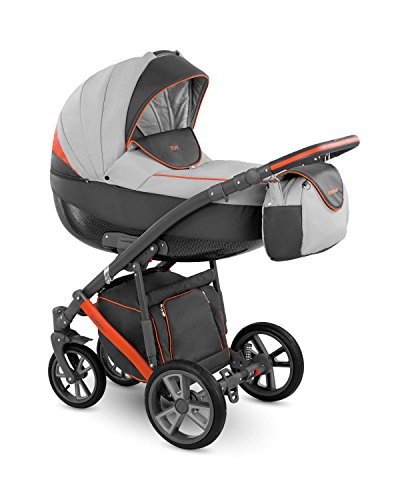 Lux4kids Trío Cochecito 3 in 1 Silla de paseo + capazo + silla para coche + rutas giratorias neumática + colchón VIP Hecho en Europa Accesorios opcionales Piro gris-antracita-naranja PR-7 con ISOFIX