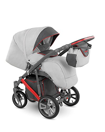 Lux4kids Trío Cochecito 3 in 1 Silla de paseo + capazo + silla para coche + rutas giratorias neumática + colchón VIP Hecho en Europa Accesorios opcionales Piro gris-antracita-rojo PR-5 con ISOFIX