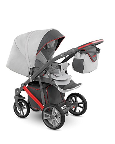 Lux4kids Trío Cochecito 3 in 1 Silla de paseo + capazo + silla para coche + rutas giratorias neumática + colchón VIP Hecho en Europa Accesorios opcionales Piro gris-antracita-rojo PR-5 con ISOFIX