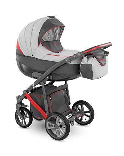 Lux4kids Trío Cochecito 3 in 1 Silla de paseo + capazo + silla para coche + rutas giratorias neumática + colchón VIP Hecho en Europa Accesorios opcionales Piro gris-antracita-rojo PR-5 con ISOFIX