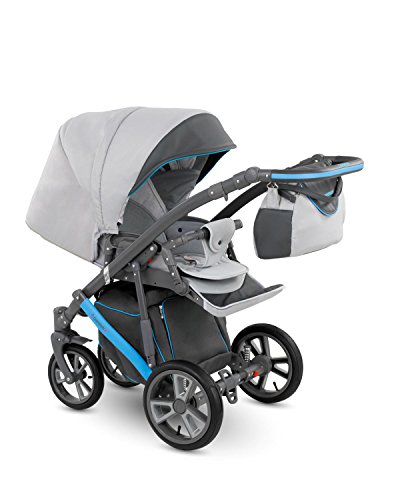 Lux4kids Trío Cochecito 3 in 1 Silla de paseo + capazo + silla para coche + rutas giratorias neumática + colchón VIP Hecho en Europa Accesorios opcionales Piro gris-antracita-azul PR-8