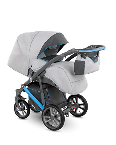 Lux4kids Trío Cochecito 3 in 1 Silla de paseo + capazo + silla para coche + rutas giratorias neumática + colchón VIP Hecho en Europa Accesorios opcionales Piro gris-antracita-azul PR-8