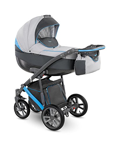 Lux4kids Trío Cochecito 3 in 1 Silla de paseo + capazo + silla para coche + rutas giratorias neumática + colchón VIP Hecho en Europa Accesorios opcionales Piro gris-antracita-azul PR-8