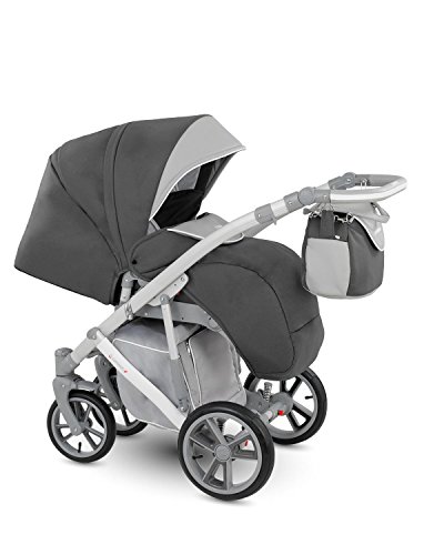 Lux4kids Trío Cochecito 3 in 1 Silla de paseo + capazo + silla para coche + rutas giratorias neumática + colchón VIP Hecho en Europa Accesorios opcionales Piro gris-antracita-blanco PR-4