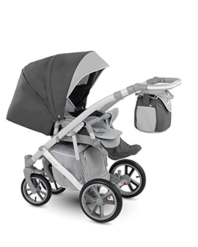 Lux4kids Trío Cochecito 3 in 1 Silla de paseo + capazo + silla para coche + rutas giratorias neumática + colchón VIP Hecho en Europa Accesorios opcionales Piro gris-antracita-blanco PR-4