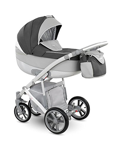 Lux4kids Trío Cochecito 3 in 1 Silla de paseo + capazo + silla para coche + rutas giratorias neumática + colchón VIP Hecho en Europa Accesorios opcionales Piro gris-antracita-blanco PR-4