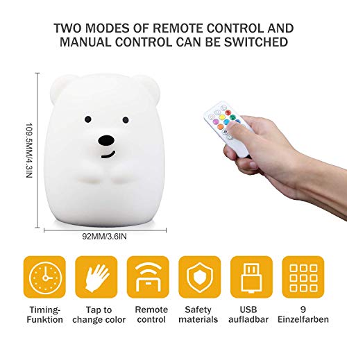 Luz Nocturna Infantil, Redmoo Luz Noche LED Luz de Noche Bebé con Remoto Lámpara de Cabecera Silicona USB Recargable RGB Multicolor Luz Bebe Nocturna para Dormitorio/Regalo para Niños