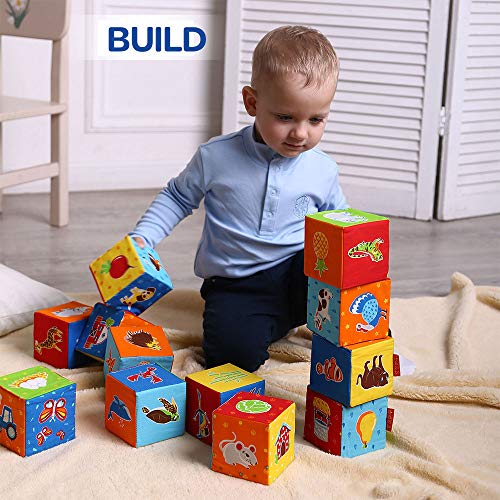 MACIK 12 Bloques blandos para niños –Granja + ZOO + Mar- Juguetes apilar para bebés -Juguetes desarrollo - Juego cubos de motricidad fina– Juguetes suaves 6 meses bebé– Juguetes educativos 12-18 meses