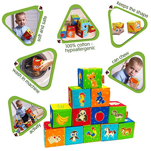 MACIK 12 Bloques blandos para niños –Granja + ZOO + Mar- Juguetes apilar para bebés -Juguetes desarrollo - Juego cubos de motricidad fina– Juguetes suaves 6 meses bebé– Juguetes educativos 12-18 meses