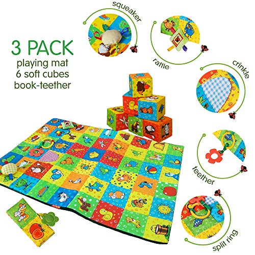 MACIK Set Alfombra Infantil 6 Bloques Blandos Libro Bando Juguete mordedor Sonajero Bebe Tela de Arrugas Pieza de Sonido - Juguetes de dentición - Juguetes Suaves 3-6 Meses - Juguetes apilar 9 Meses