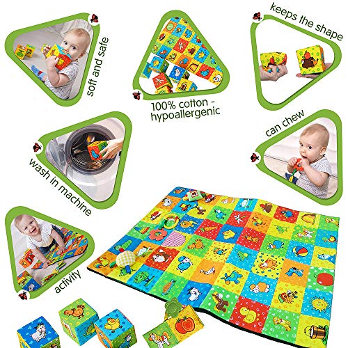 MACIK Set Alfombra Infantil 6 Bloques Blandos Libro Bando Juguete mordedor Sonajero Bebe Tela de Arrugas Pieza de Sonido - Juguetes de dentición - Juguetes Suaves 3-6 Meses - Juguetes apilar 9 Meses