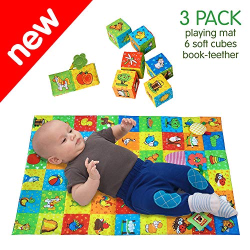 MACIK Set Alfombra Infantil 6 Bloques Blandos Libro Bando Juguete mordedor Sonajero Bebe Tela de Arrugas Pieza de Sonido - Juguetes de dentición - Juguetes Suaves 3-6 Meses - Juguetes apilar 9 Meses