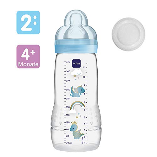 MAM Baby Bottle - Juego de biberones a partir de 4 meses Easy Active de 330 ml con tetina de tamaño 2 y MAM Trainer con tetina de tamaño 4, antigoteo y pico para beber suave