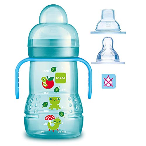 MAM Baby Bottle - Juego de biberones a partir de 4 meses Easy Active de 330 ml con tetina de tamaño 2 y MAM Trainer con tetina de tamaño 4, antigoteo y pico para beber suave