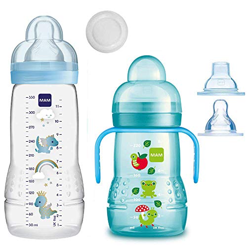 MAM Baby Bottle - Juego de biberones a partir de 4 meses Easy Active de 330 ml con tetina de tamaño 2 y MAM Trainer con tetina de tamaño 4, antigoteo y pico para beber suave