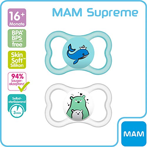 MAM Dental chupete silicona Supreme 16+ meses, juedo de 4 - unisex, estuche de esterilización y transporte