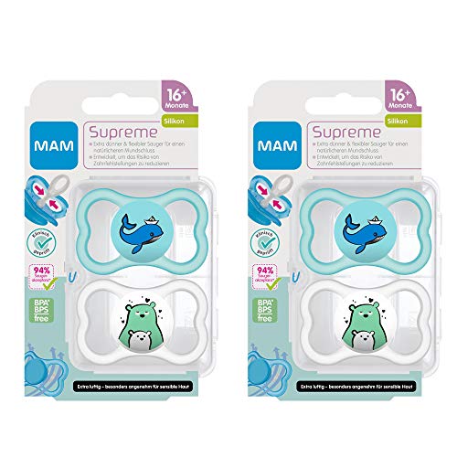 MAM Dental chupete silicona Supreme 16+ meses, juedo de 4 - unisex, estuche de esterilización y transporte