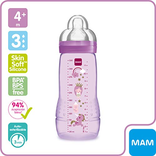 MAM Easy Active Baby Bottle 330 ml, Biberón ergonómico fácil de agarrar, biberón grande de aprendizaje, tetina MAM nº 3 de silicona y tapa antigoteo, 4+ meses, rosa