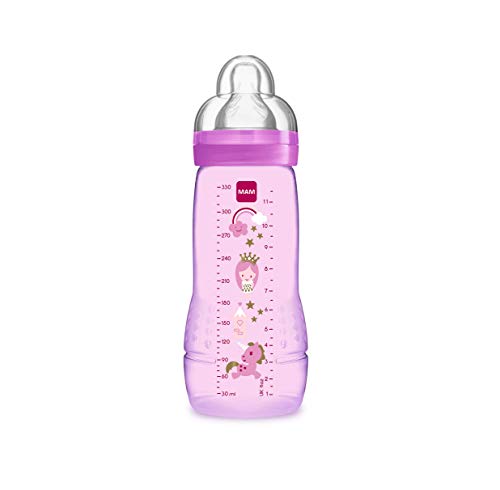 MAM Easy Active Baby Bottle 330 ml, Biberón ergonómico fácil de agarrar, biberón grande de aprendizaje, tetina MAM nº 3 de silicona y tapa antigoteo, 4+ meses, rosa