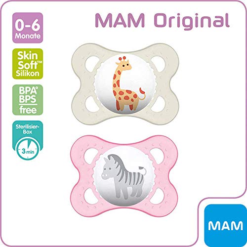 MAM "Skin Soft" Silicona Chupete 0-6 Girl, Juego De 2, Incluye ster ilisi ertra port Boxe & nip Chupete banda