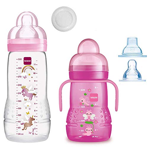 MAM Smart Set Girls a partir de 4 meses // Baby Bottle Easy Active Babyflasche 330 ml con tetina Gr.2 & MAM Trainer con tetina gr.4 Tropffrei & Soft-Trinkschnabel