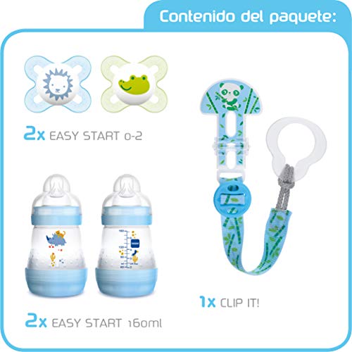 MAM Welcome Baby Starter Set, regalos para bebé, canastilla con 2 biberones anticólicos Easy Start (160 ml), 2 chupetes Start de silicona (0-2 meses) y chupetero, NIÑO