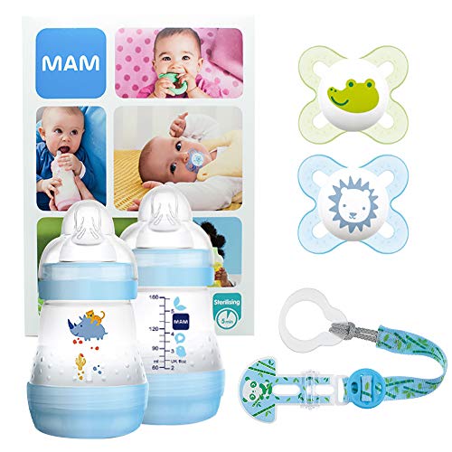 MAM Welcome Baby Starter Set, regalos para bebé, canastilla con 2 biberones anticólicos Easy Start (160 ml), 2 chupetes Start de silicona (0-2 meses) y chupetero, NIÑO