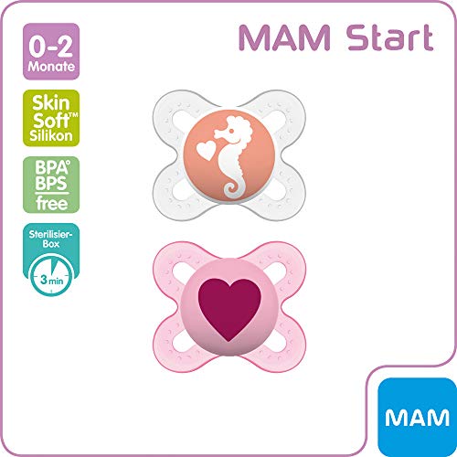 MAM"Skin Soft" - Chupete de silicona para recién nacidos y prematuros (tamaño pequeño, 0-2 meses) Girl - Juego de 2 boya de transporte para esterilizar y cinta para chupete NIP