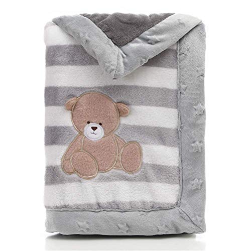 Manta para bebé LANDOR de doble capa de franela suave manta para bebé de invierno cálido rayas de felpa manta para niños pequeños cómoda manta para cochecito gris Grauer Bär