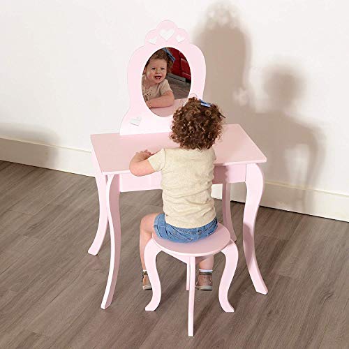 Milliard Tocador Mesa de Maquillaje para niños, Juego de Mesa y Silla Para Niñas, Color Rosa con Espejo