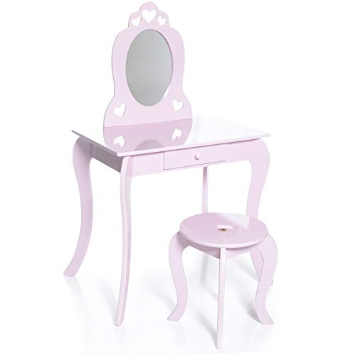 Milliard Tocador Mesa de Maquillaje para niños, Juego de Mesa y Silla Para Niñas, Color Rosa con Espejo