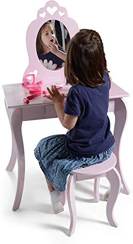 Milliard Tocador Mesa de Maquillaje para niños, Juego de Mesa y Silla Para Niñas, Color Rosa con Espejo