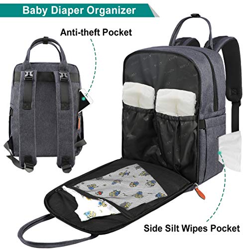 Mochilas para Pañales Biberones,Multifuncional Impermeable Mochila Maternidad,Gran Capacidad Bolso Cambiador Bebe con Bolsillo Térmico para Biberones (Gris Oscuro)