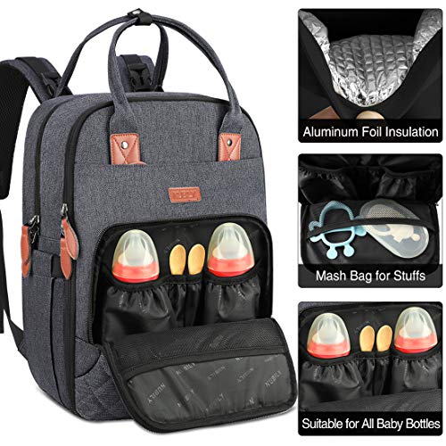 Mochilas para Pañales Biberones,Multifuncional Impermeable Mochila Maternidad,Gran Capacidad Bolso Cambiador Bebe con Bolsillo Térmico para Biberones (Gris Oscuro)