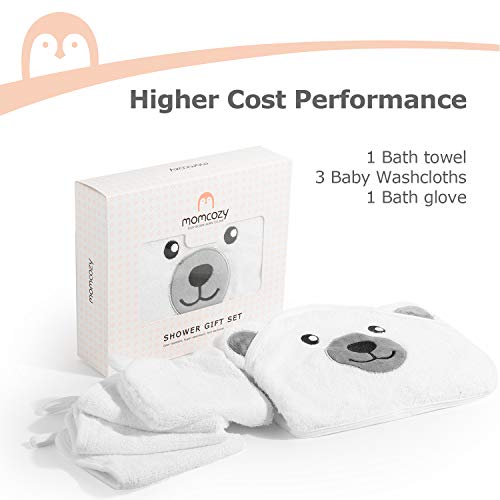 Momcozy Bambú Juego de Toallas de Baño para Bebé, Toalla Bebe Capucha 1 Pieza, Toalla Bebe 3 Piezas, Guante de Baño para Bebé 1 Pieza, Suave, Transpirable, Adecuado para Niñas y Niños