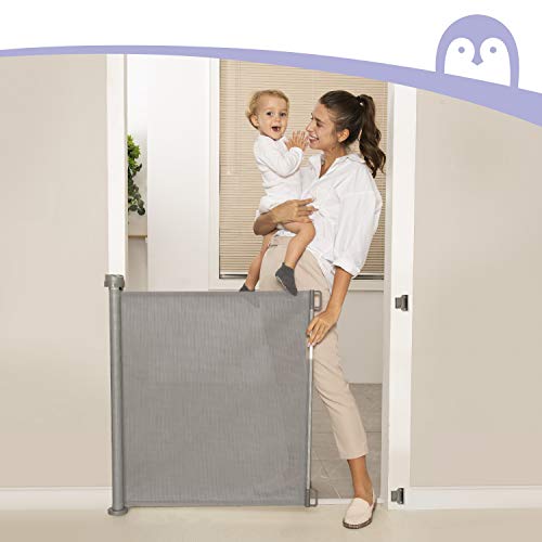 Momcozy Barrera Seguridad Niños Escalera, 0cm-140cm Puerta Seguridad Bebé Extensibles, Vallas de Seguridad para Escaleras, Barrera Escalera Bebé para Uso en Interiores y Exteriores, Gris