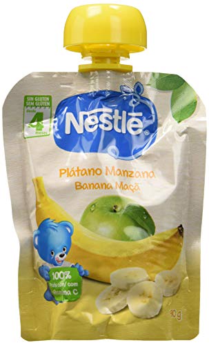 Nestlé Bolsita de puré de frutas, variedad Plátano y Manzana - Para bebés a partir de 4 meses - Paquete de 16 bolsitasx90g