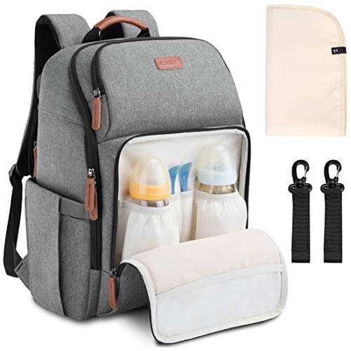 NEWHEY Mochilas de Pañales Bebé Bolsa de Pañales Mamá Multifuncional Gran Capacidad Bolsos Cambiadores Pañales Impermeable con 2 Correas de Cochecito Gris