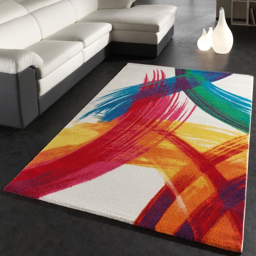 Paco Home Alfombra Moderna Multicolor Efecto Lienzo Crema Verde Azul Rojo Amarillo, tamaño:200x290 cm