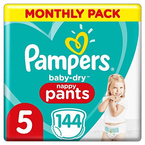 Pampers Baby-Dry - Pantalones de bebé (talla 5, 144, 12 a 17 kg, fáciles de poner con canales de aire para hasta 12 horas de secado transpirable, paquete de ahorro mensual