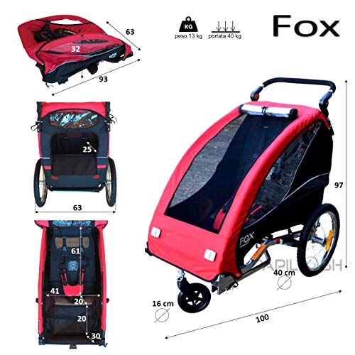 Papilioshop Fox - Remolque con carrito de bicicleta para el transporte de 1 niño (incluye rueda delantera giratoria, plegable), rojo